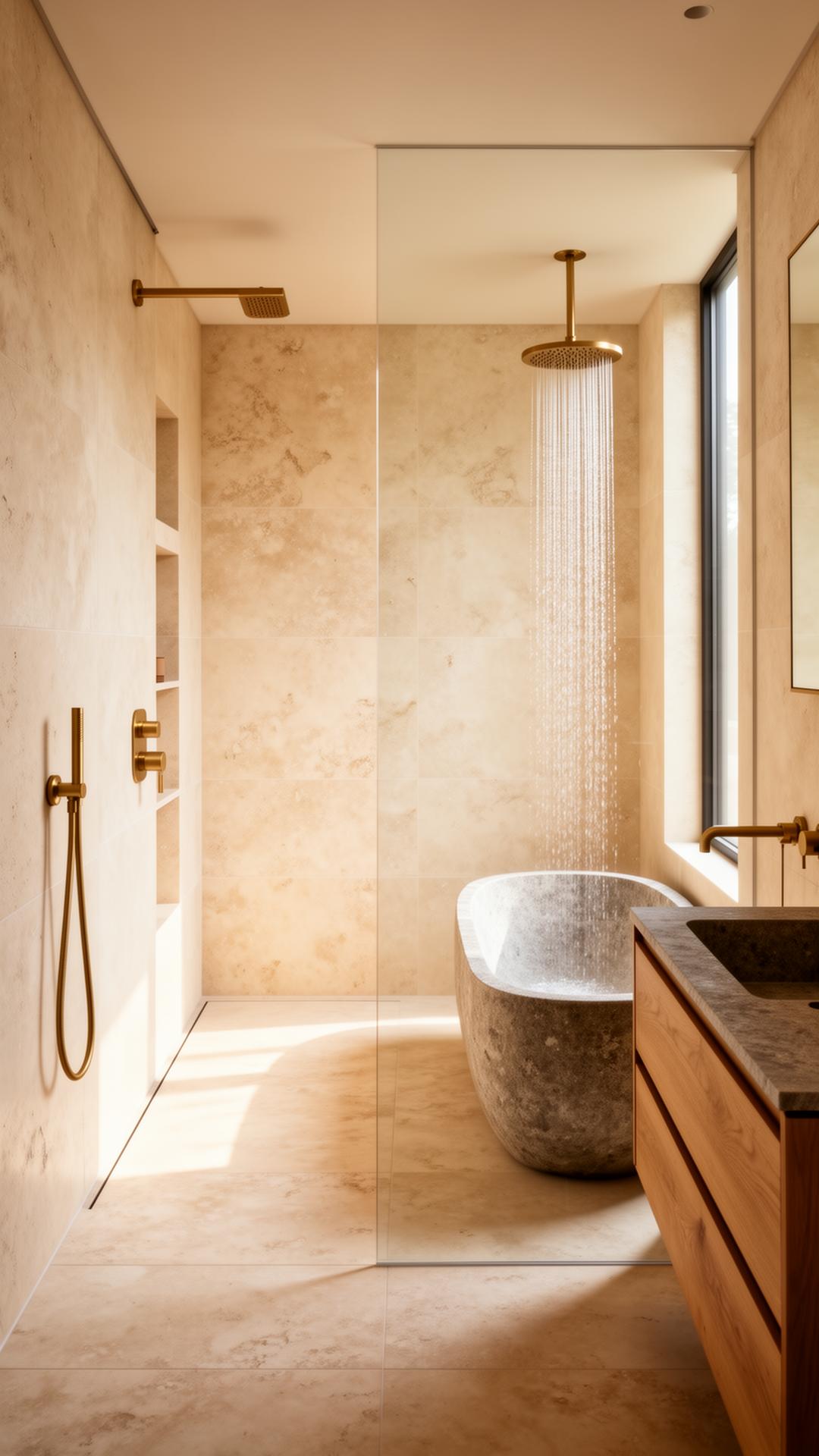 Luxe badkamer met travertijn en messing, gerenoveerd door IBO Bouwbedrijf in Heerlen